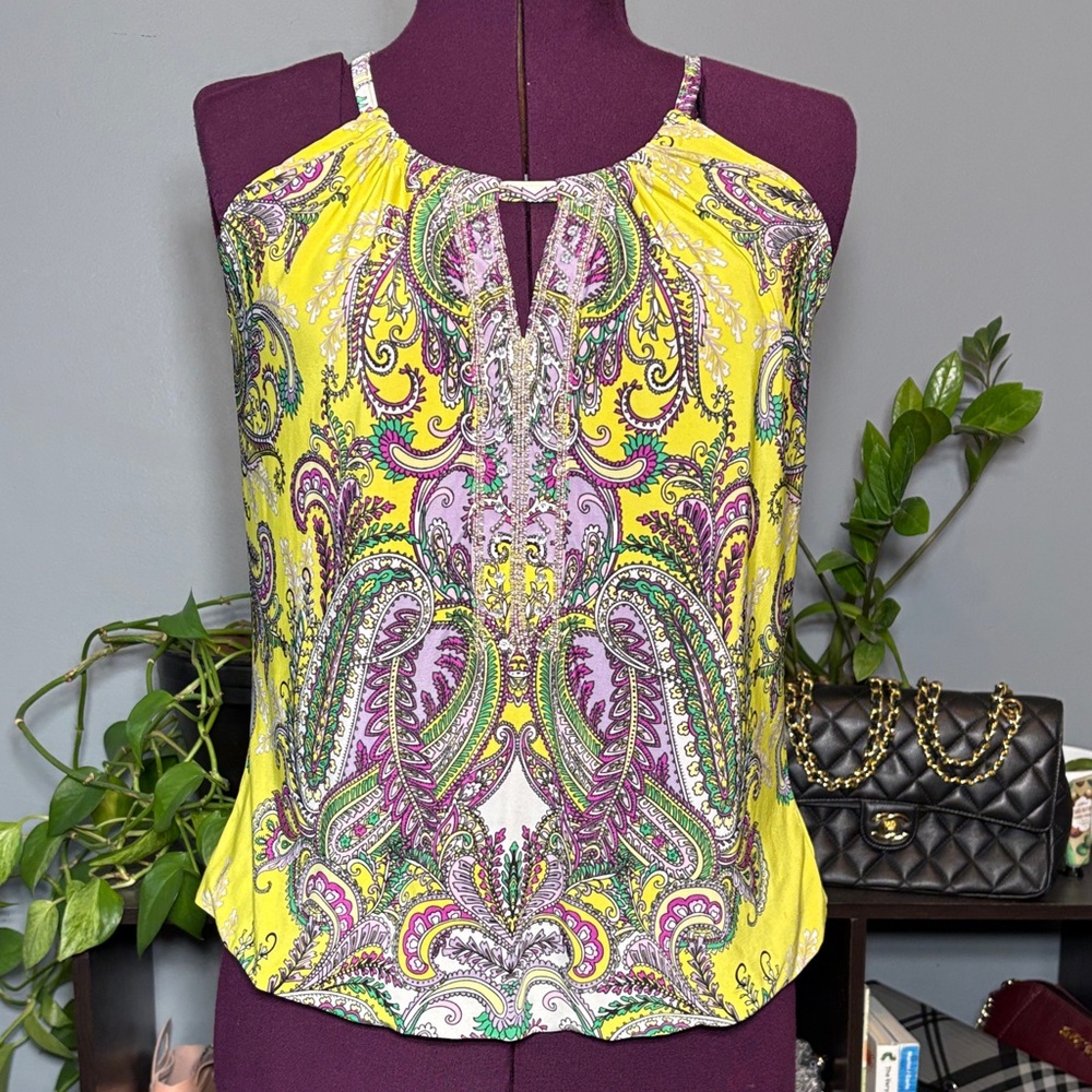 INC International Concepts Women's Yellow Paisley Halter Tank Top Elastic Waist